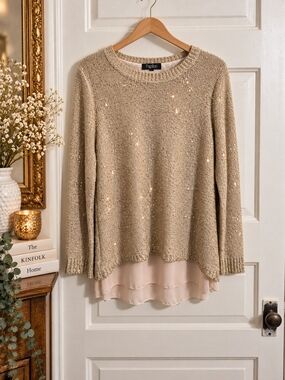 Papillon Sequin Layered Chiffon Sweater Top Beige Gold Size L